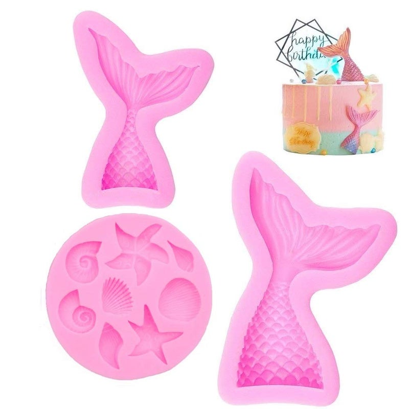 SUNKOOL Mermaid Theme Cake Mold,Seashell,Starfish Mermaid Tail Silicone Mold Cupcake Toppers Mold for Candy,Chocolate,Fondant,Polymer Clay,Crafting Projects,Cake Decoration - Image 1